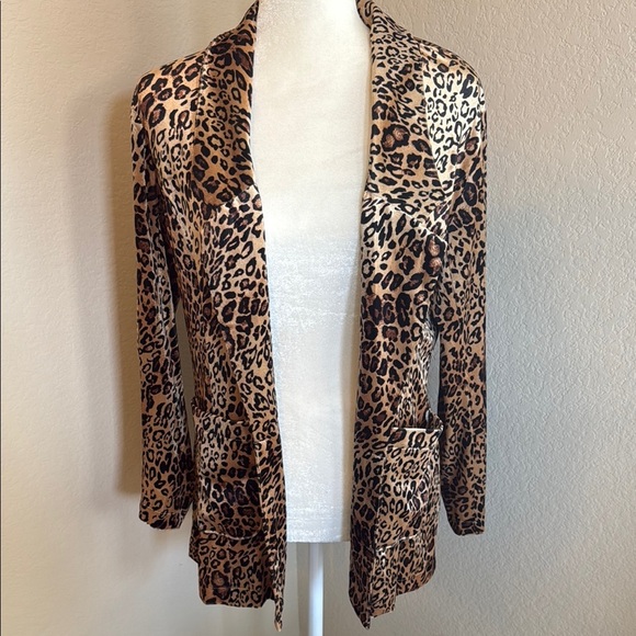 Leopard Print Open-Front Blazer Turquoise Haven Pockets - Picture 1 of 5